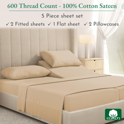 California Design Den: Luxury 600 Thread Count 100% Cotton Sheets, Deep Pocket, Sateen Weave - The Tribalist