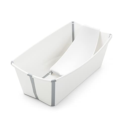 The Tribalist - Stokke Flexi Bath Bundle, White - Foldable Baby Bathtub + Newborn Support - Durable & Easy to Store