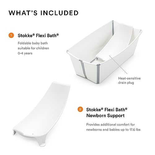 The Tribalist - Stokke Flexi Bath Bundle, White - Foldable Baby Bathtub + Newborn Support - Durable & Easy to Store