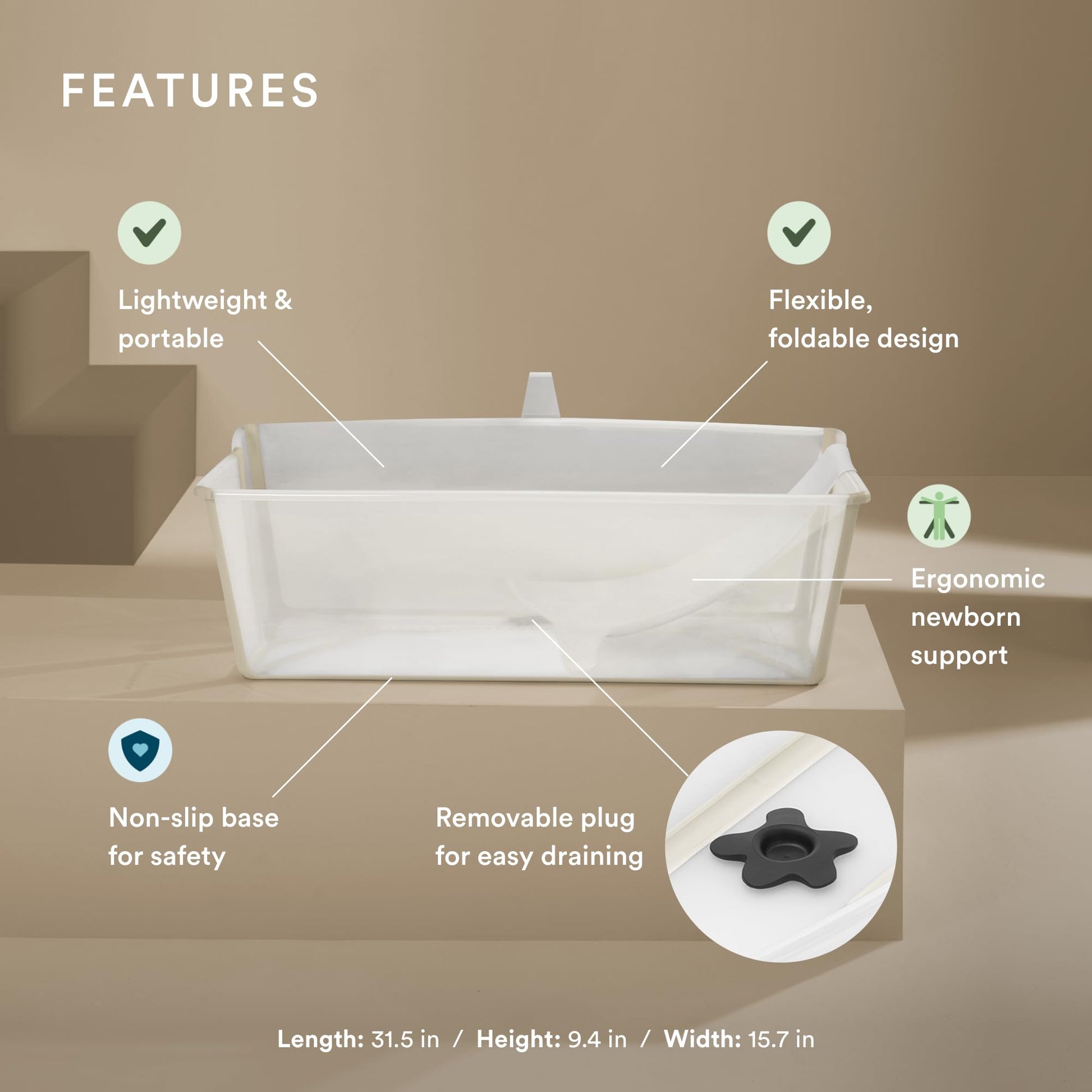 The Tribalist - Stokke Flexi Bath Bundle, White - Foldable Baby Bathtub + Newborn Support - Durable & Easy to Store