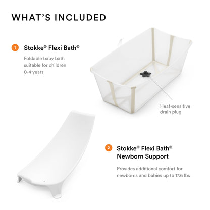 The Tribalist - Stokke Flexi Bath Bundle, White - Foldable Baby Bathtub + Newborn Support - Durable & Easy to Store