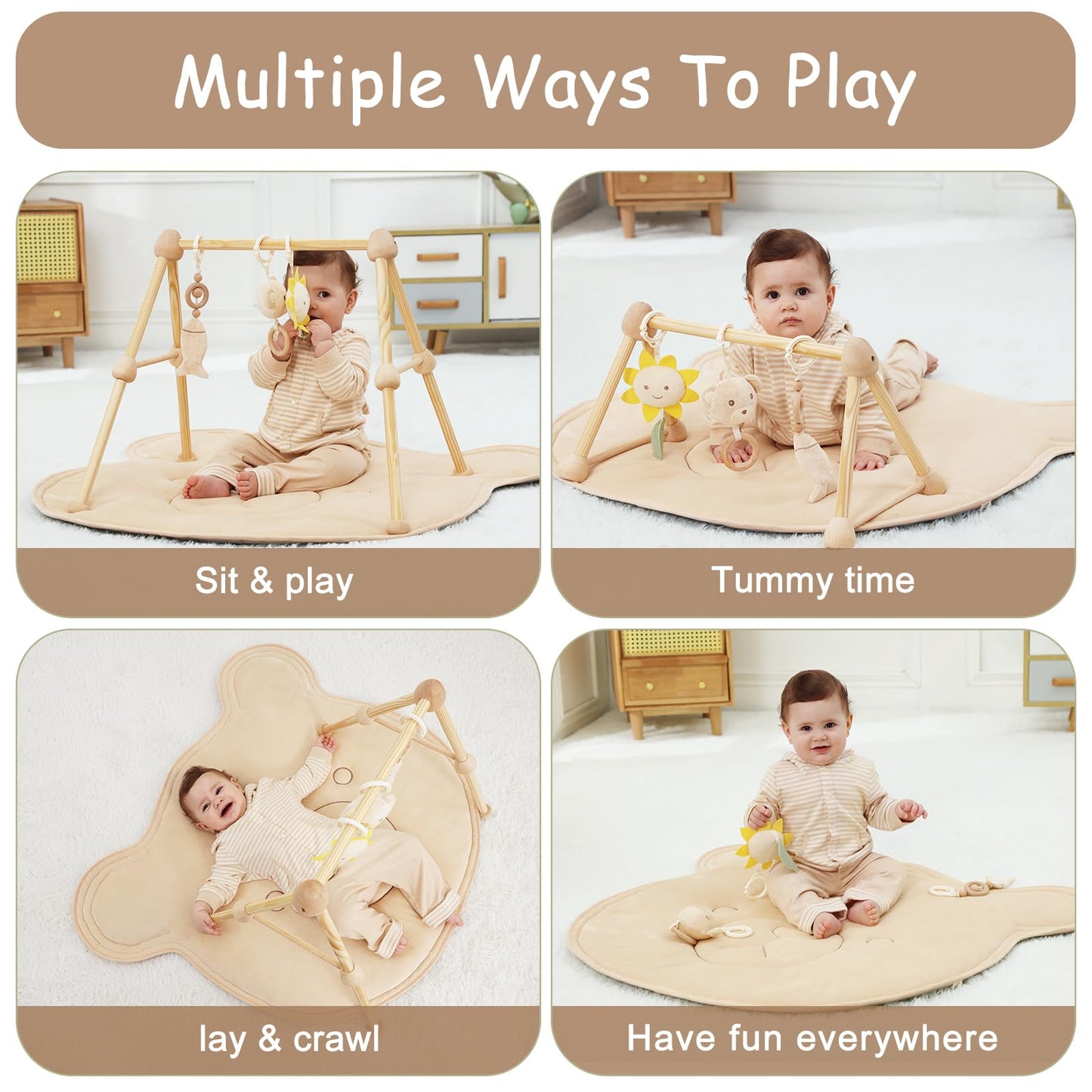 Cottonbee: 4-in-1 Organic Wooden Baby Gym with Cotton Play Mat & Sensory Toys for 0-36 Months