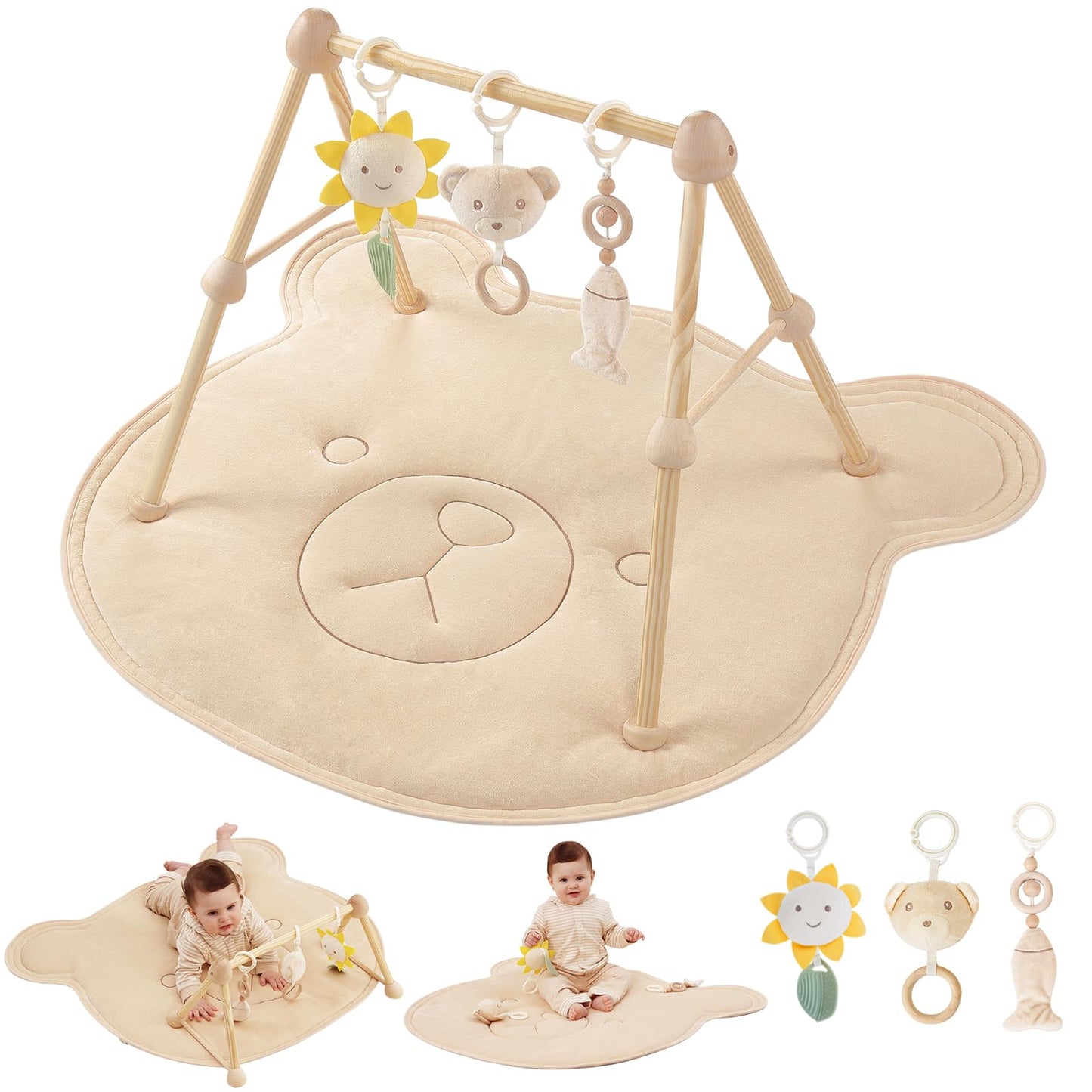 Cottonbee: 4-in-1 Organic Wooden Baby Gym with Cotton Play Mat & Sensory Toys for 0-36 Months