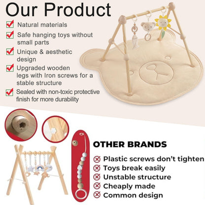 Cottonbee: 4-in-1 Organic Wooden Baby Gym with Cotton Play Mat & Sensory Toys for 0-36 Months