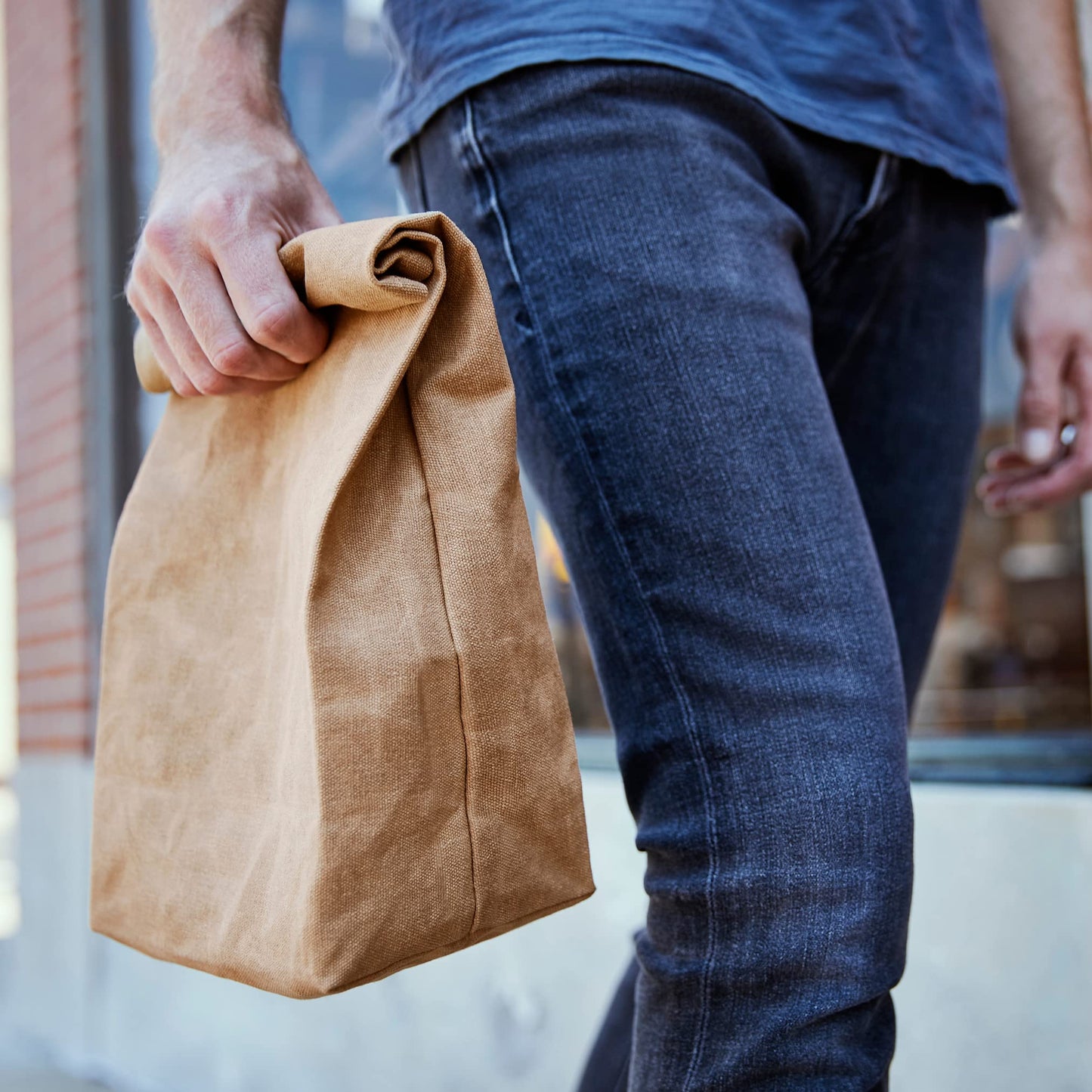 The Original Waxed Canvas Lunch Bag, Handmade with Certified Organic Cotton and Hand Waxed with Beeswax, Foldable, Stiff Material, Plastic-Free, Reusable, GOTS, Large, For Men, Women, Kids, Brown