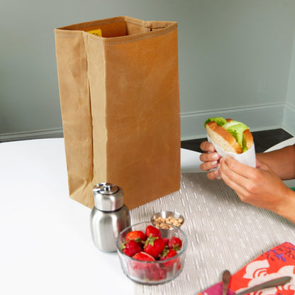 The Original Waxed Canvas Lunch Bag, Handmade with Certified Organic Cotton and Hand Waxed with Beeswax, Foldable, Stiff Material, Plastic-Free, Reusable, GOTS, Large, For Men, Women, Kids, Brown