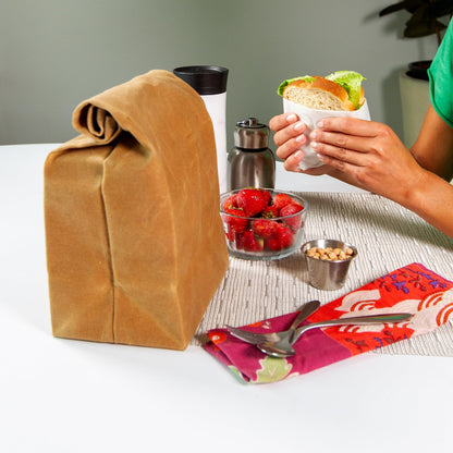 The Original Waxed Canvas Lunch Bag, Handmade with Certified Organic Cotton and Hand Waxed with Beeswax, Foldable, Stiff Material, Plastic-Free, Reusable, GOTS, Large, For Men, Women, Kids, Brown
