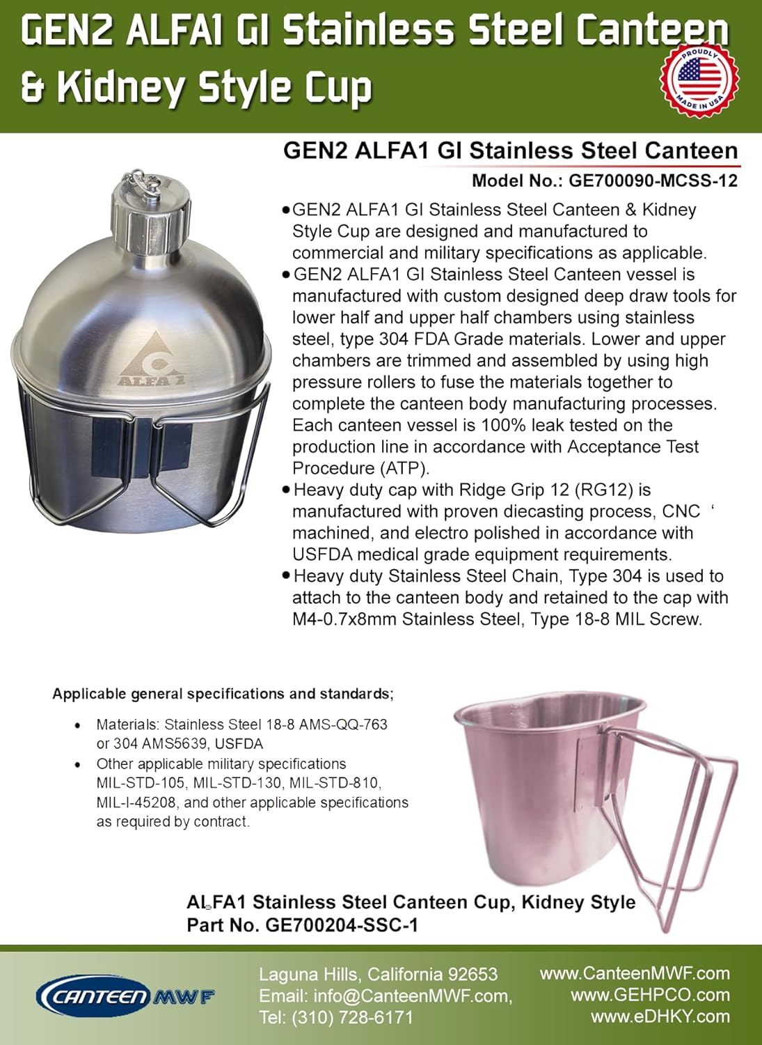 ALFA 1: Military Hiking and Camping Stainless Steel Canteen with Kidney Style Cup - The Tribalist