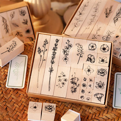 Arcemain: Wooden Rubber Stamps - Vintage Plant & Flower Designs (Set of 22) - The Tribalist