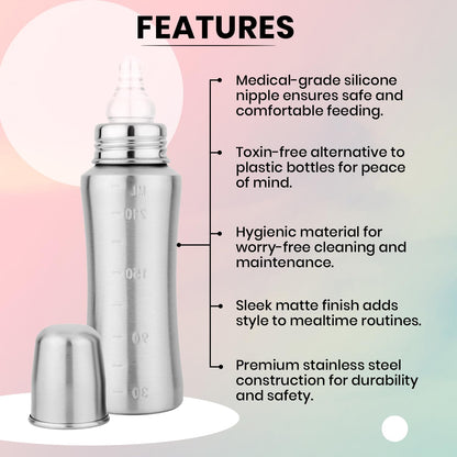 Bon aPetite: 304 18/8 Stainless Steel Baby Feeding Bottle - Medical Grade Silicone Nipple (250 ML) - The Tribalist