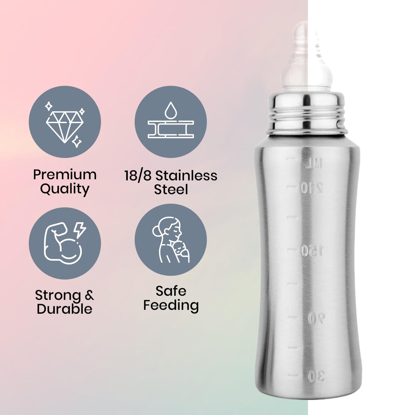 Bon aPetite: 304 18/8 Stainless Steel Baby Feeding Bottle - Medical Grade Silicone Nipple (250 ML) - The Tribalist