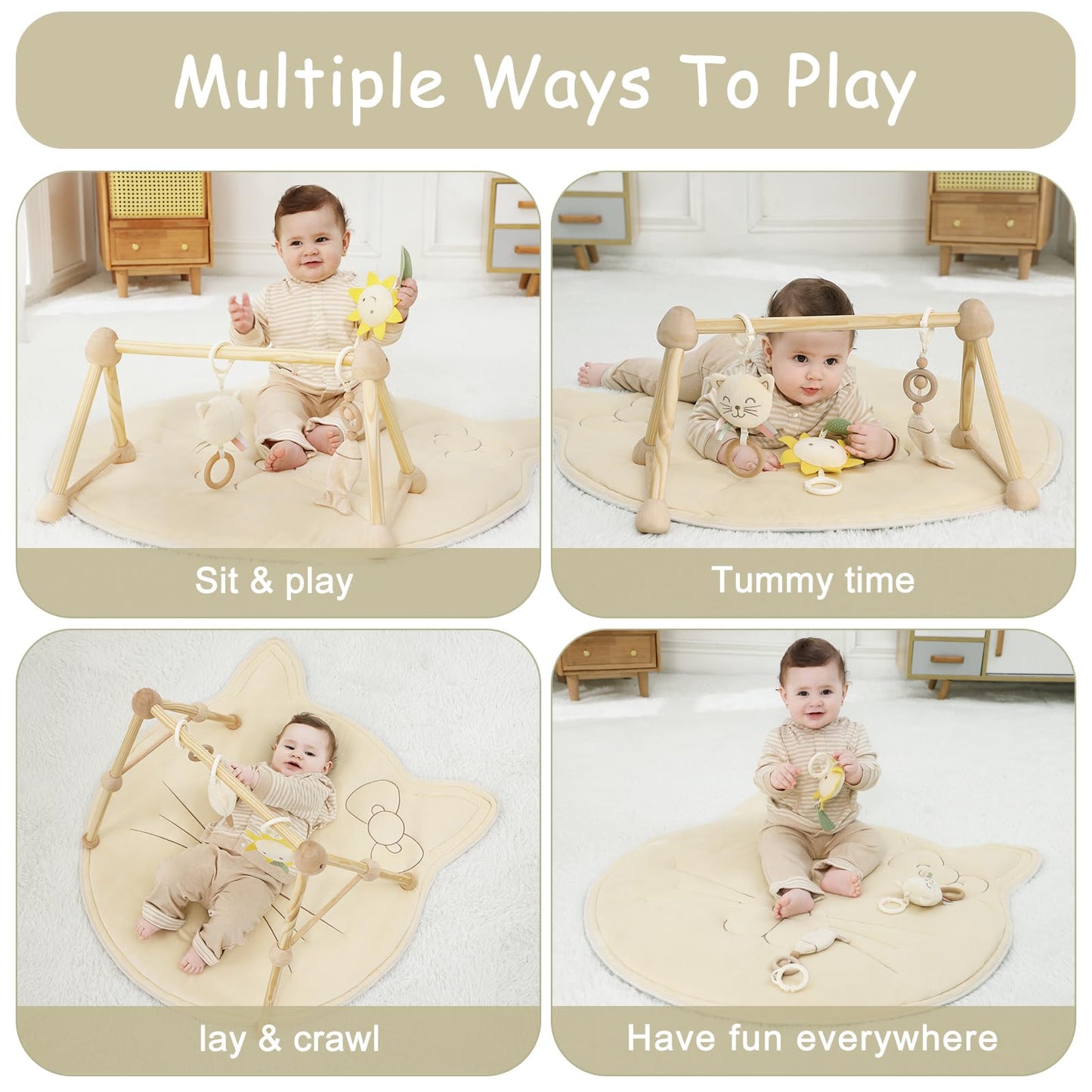 Cottonbee: 4 - in - 1 Organic Wooden Baby Gym with Cotton Play Mat & Sensory Toys for 0 - 36 Months - The Tribalist