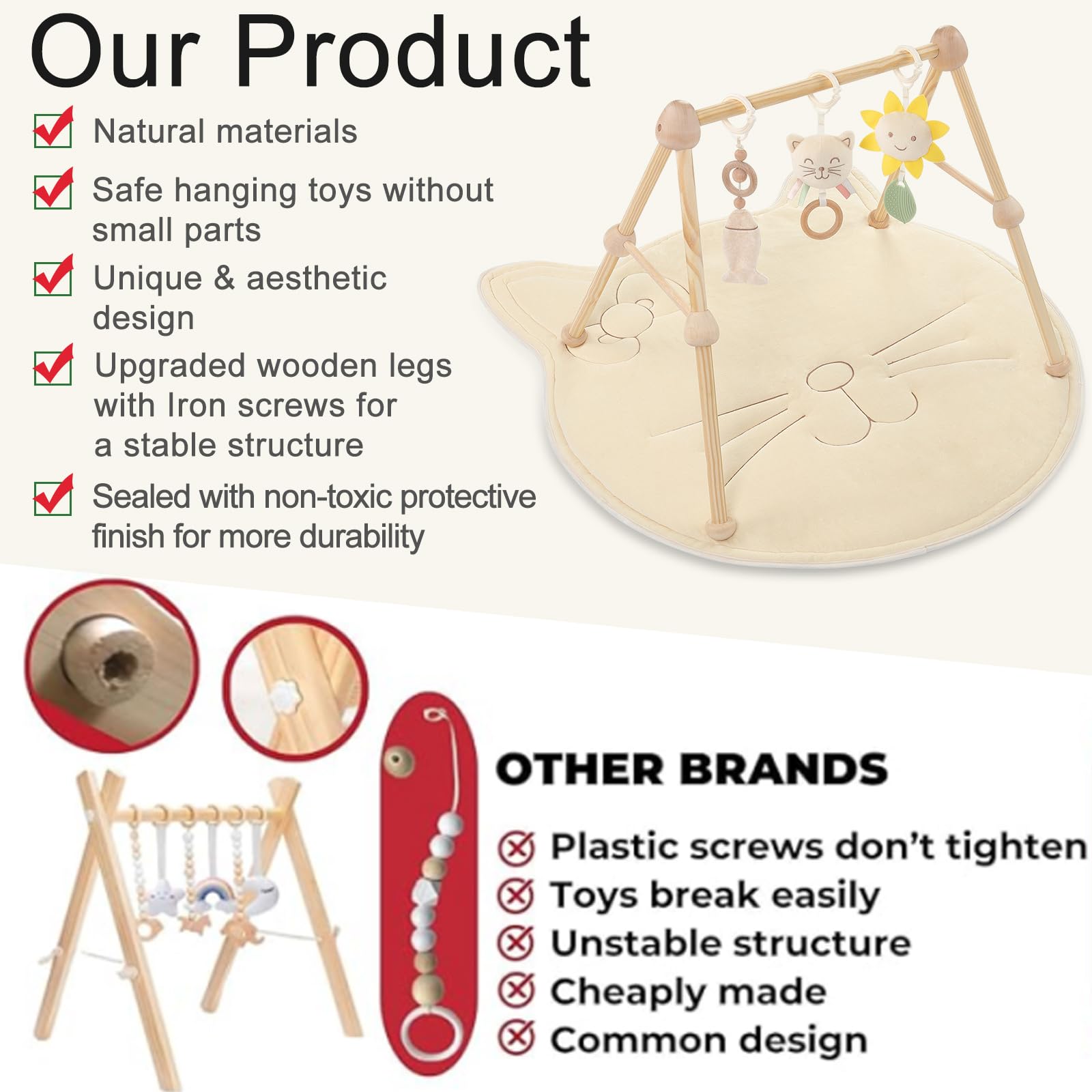 Cottonbee: 4 - in - 1 Organic Wooden Baby Gym with Cotton Play Mat & Sensory Toys for 0 - 36 Months - The Tribalist