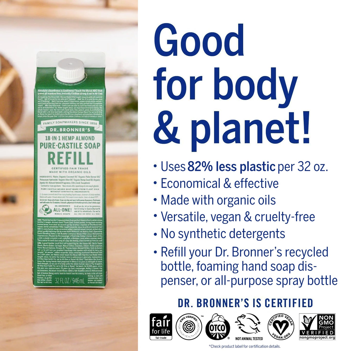 Dr. Bronner’s: Baby Pure - Castile Liquid Soap & Refill Carton – 32 oz, Made with Regenerative Organic Oils - The Tribalist