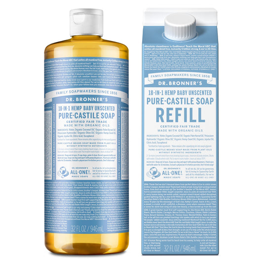 Dr. Bronner’s: Baby Pure - Castile Liquid Soap & Refill Carton – 32 oz, Made with Regenerative Organic Oils - The Tribalist