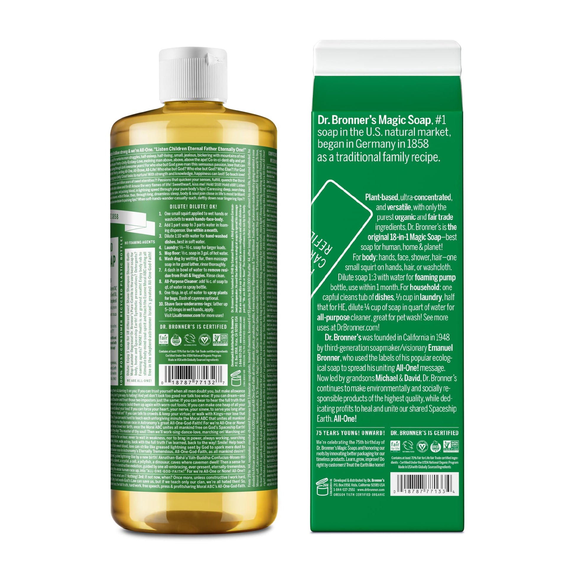 Dr. Bronner’s: Baby Pure - Castile Liquid Soap & Refill Carton – 32 oz, Made with Regenerative Organic Oils - The Tribalist