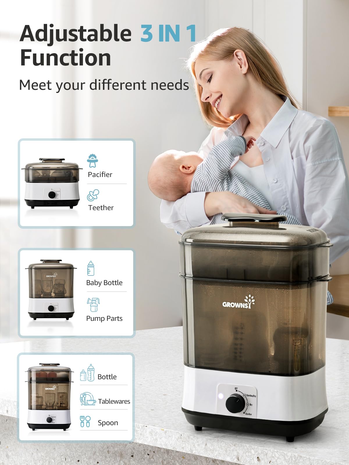 GROWNSY: Electric Baby Bottle Sterilizer & Dryer – Steam Sanitizer for Bottles, Pacifiers, & Pump Parts - The Tribalist