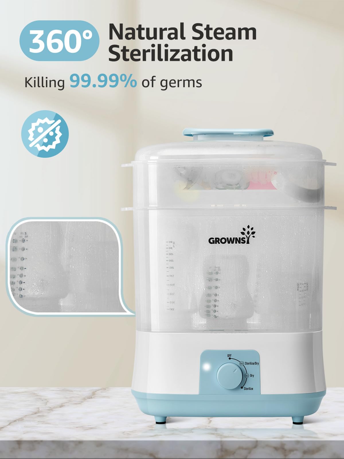 GROWNSY: Electric Baby Bottle Sterilizer & Dryer – Steam Sanitizer for Bottles, Pacifiers, & Pump Parts - The Tribalist