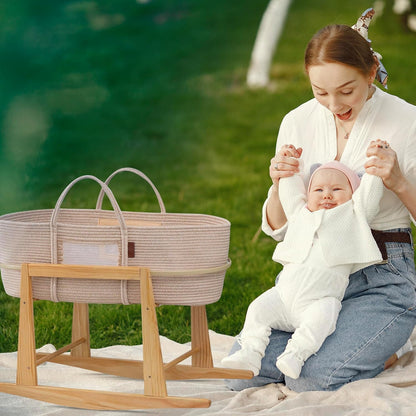 Mainefield Pacific: Rocking Moses Basket Stand – Adjustable, Natural Wood with Bonus Change Mat - The Tribalist