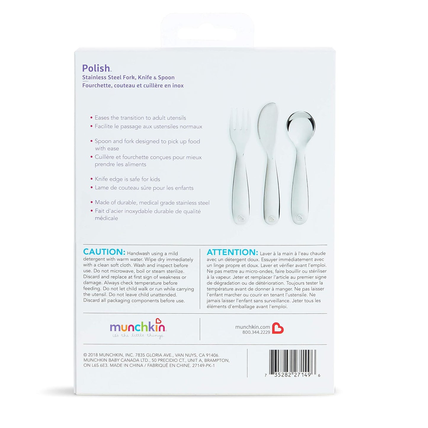 The Tribalist - Munchkin: Polished Stainless Steel Toddler Flatware Set (Fork, Knife and Spoon)