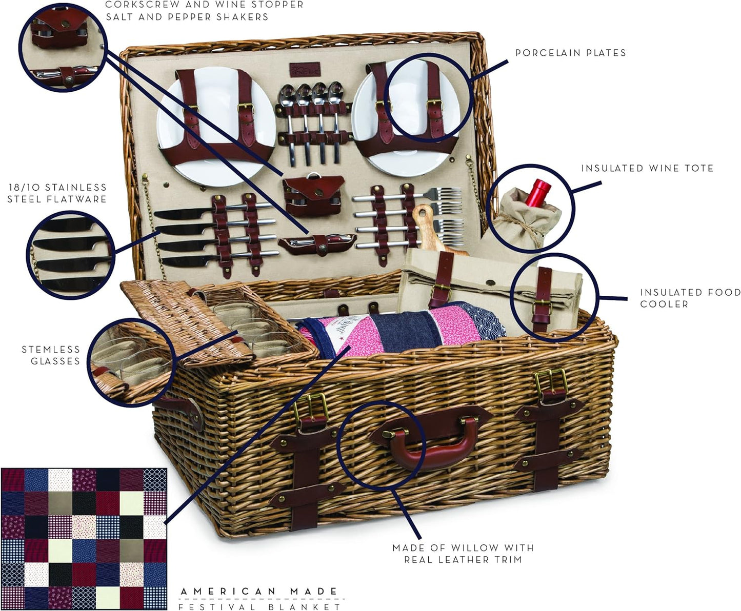 The Tribalist - PICNIC TIME Charleston Luxury Wicker Picnic Basket for 4 with Blanket and Deluxe Set, Beige Canvas