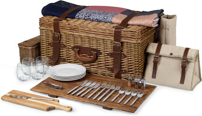 The Tribalist - PICNIC TIME Charleston Luxury Wicker Picnic Basket for 4 with Blanket and Deluxe Set, Beige Canvas