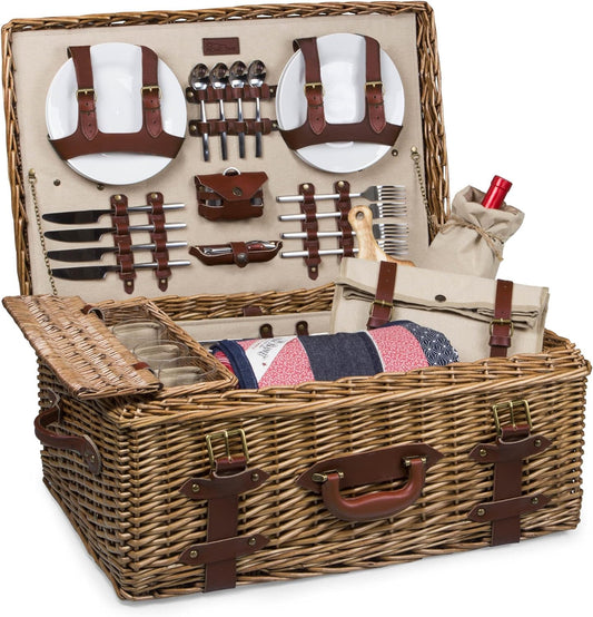 The Tribalist - PICNIC TIME Charleston Luxury Wicker Picnic Basket for 4 with Blanket and Deluxe Set, Beige Canvas