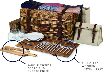 The Tribalist - PICNIC TIME Charleston Luxury Wicker Picnic Basket for 4 with Blanket and Deluxe Set, Beige Canvas