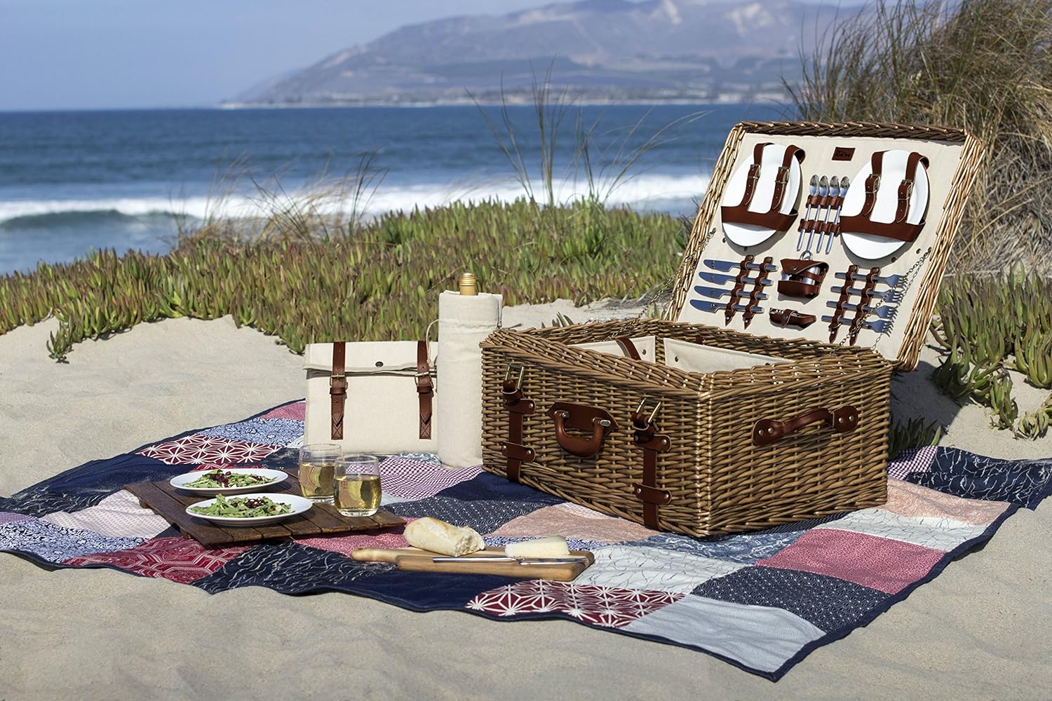 The Tribalist - PICNIC TIME Charleston Luxury Wicker Picnic Basket for 4 with Blanket and Deluxe Set, Beige Canvas