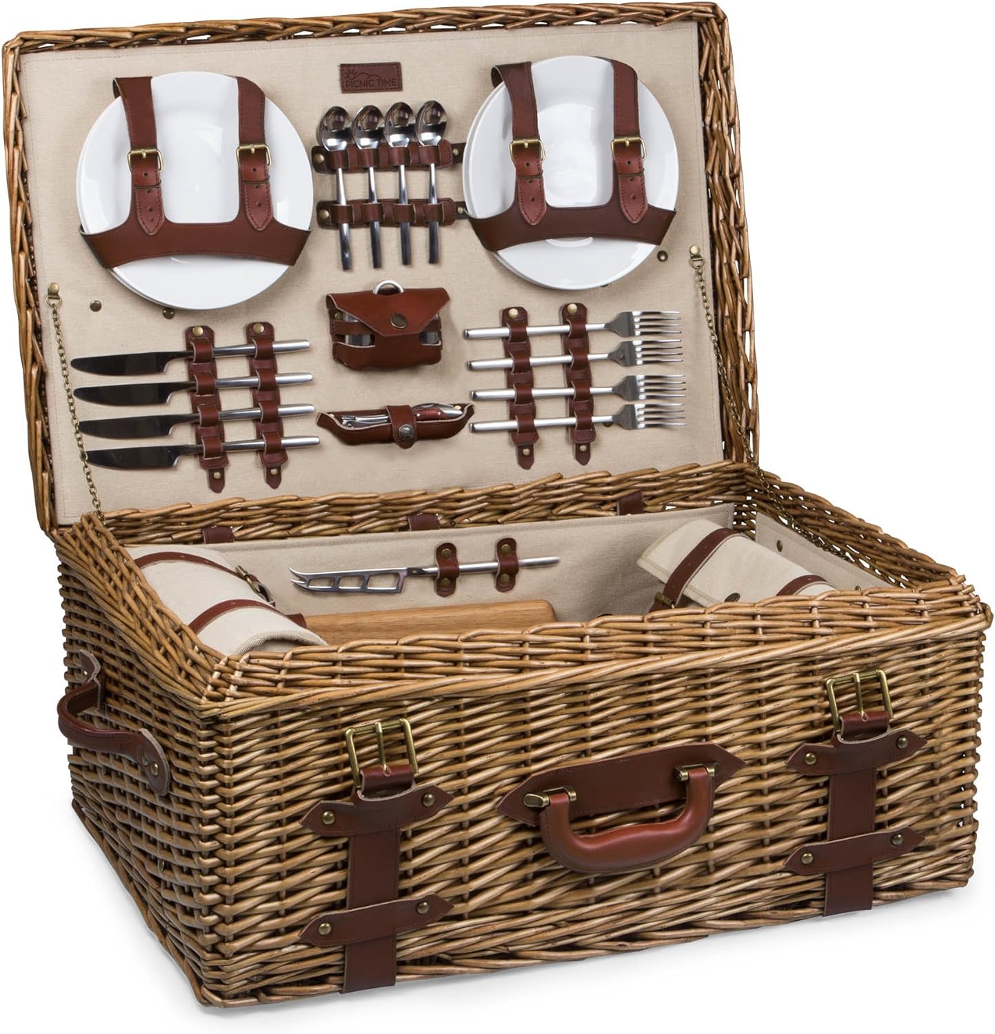 The Tribalist - PICNIC TIME Charleston Luxury Wicker Picnic Basket for 4 with Blanket and Deluxe Set, Beige Canvas