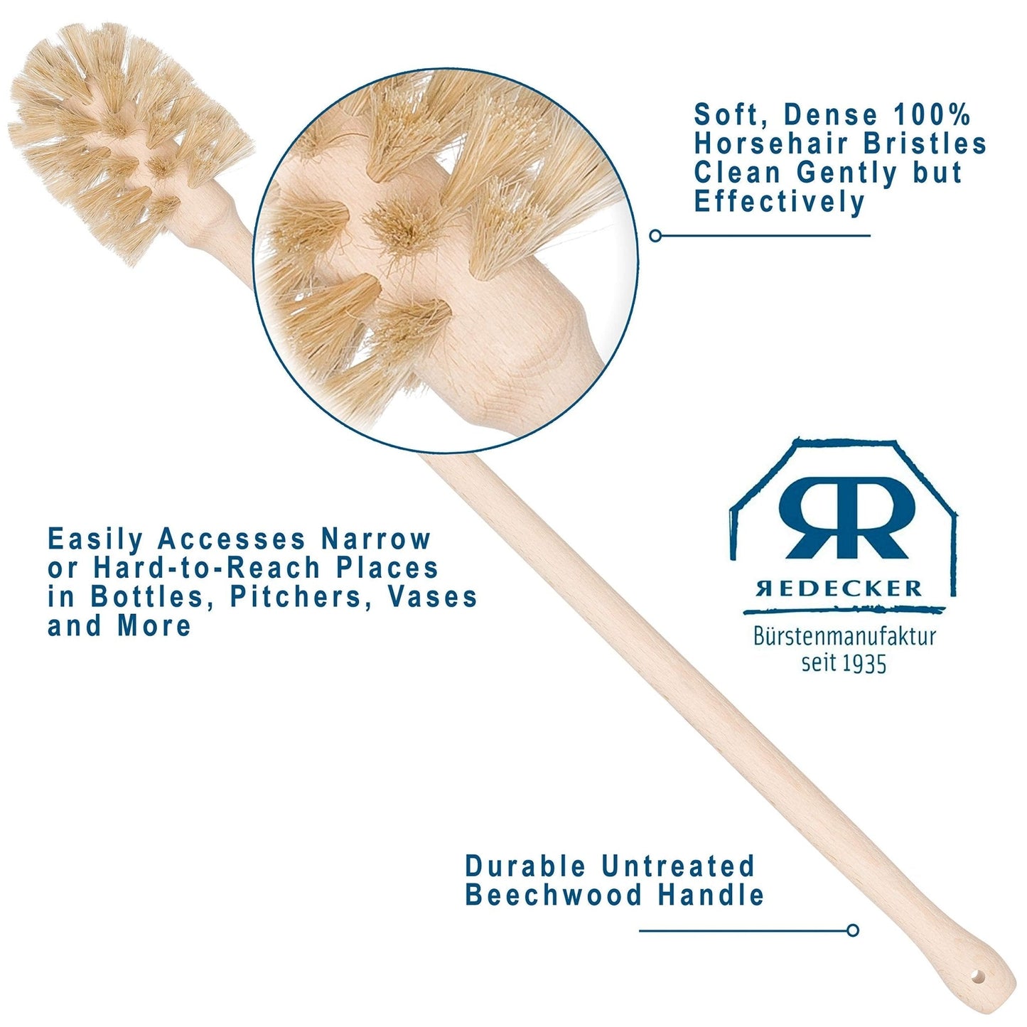 REDECKER: Bottle Brush Cleaner – Horsehair Bristles & Beechwood Handle for Bottles & Vases - The Tribalist