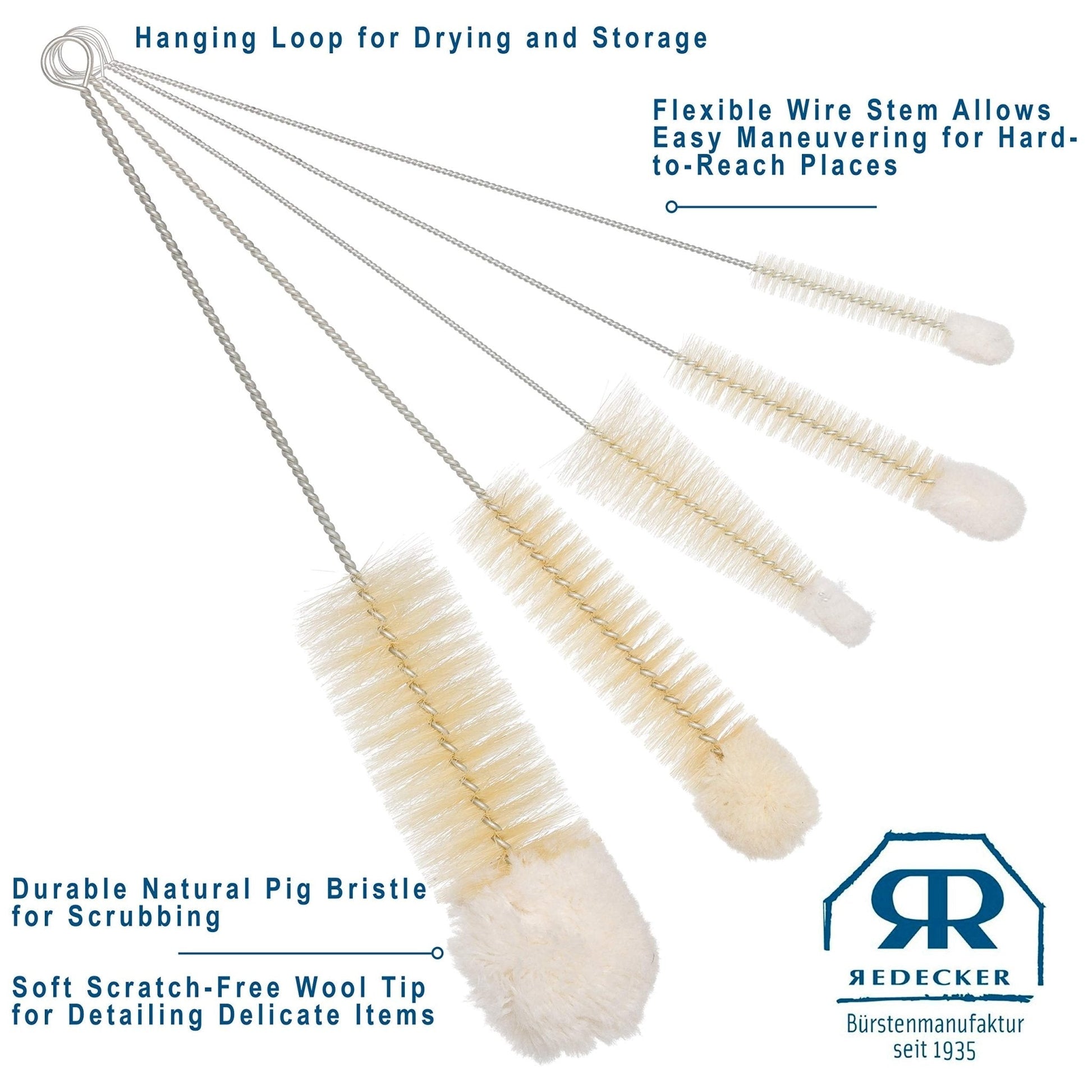 Redecker: Pig Bristle and Wool Tip Bottle Cleaning Brush Set with Wire Handles - The Tribalist