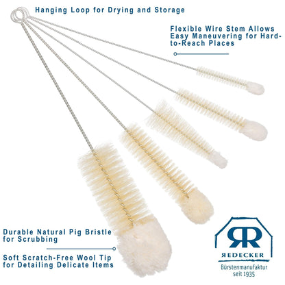 Redecker: Pig Bristle and Wool Tip Bottle Cleaning Brush Set with Wire Handles - The Tribalist