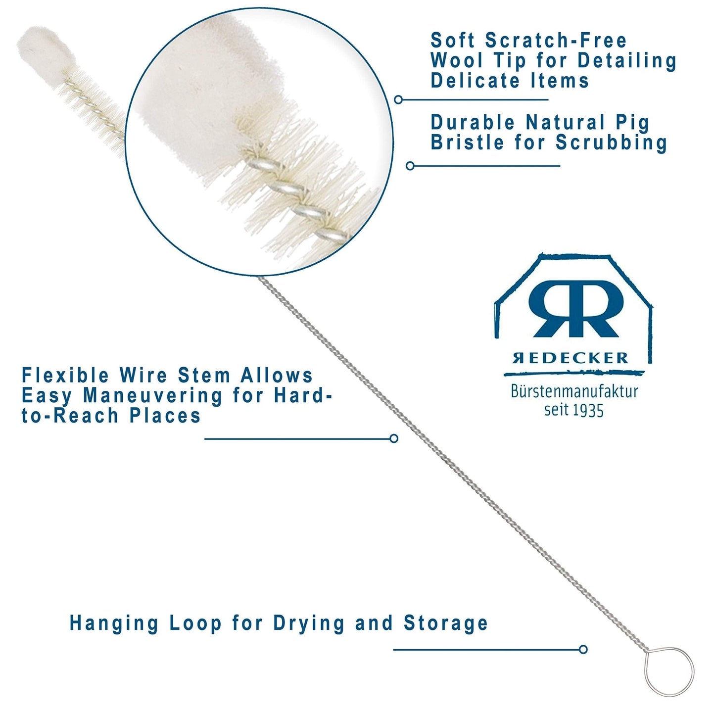 Redecker: Pig Bristle and Wool Tip Bottle Cleaning Brush Set with Wire Handles - The Tribalist