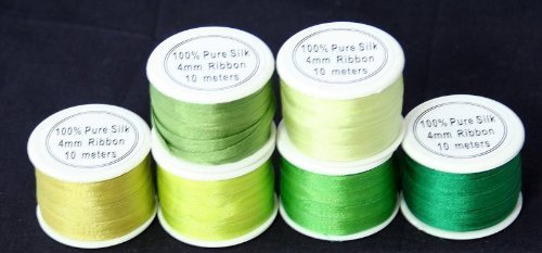 ThreadNanny: 100% Pure Silk Ribbon Set – 6 Shades of Green, for Embroidery & Gift Wrapping (4mm x 60 Meters ) - The Tribalist