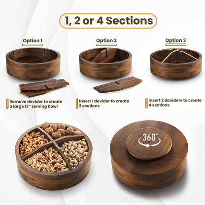 The Tribalist - TIDITA: 12" Acacia Wood Lazy Susan Organizer with 4 Dividers