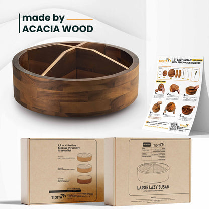 The Tribalist - TIDITA: 12" Acacia Wood Lazy Susan Organizer with 4 Dividers